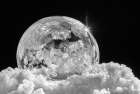 USA, Indiana, Carmel. Frozen soap bubble with feather-like crystals on bed of ice. Art Print